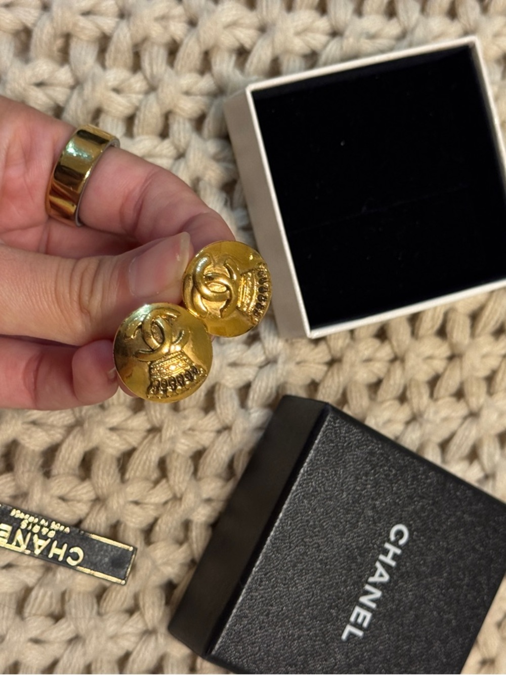 Chanel Gold-Tone CC Logo Button Earrings - Gold - Picture 6 of 7